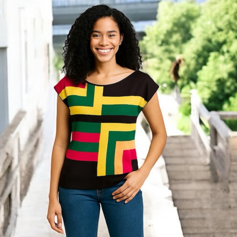 Retro Brown Rose Pink Green Abstract Color Block Scoop Neck Cap Sleeve Top M